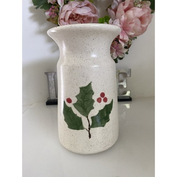 Vintage Handmade Pottery Vase or Pitcher Christmas Holly Berry Design Art Unique - Picture 1 of 16